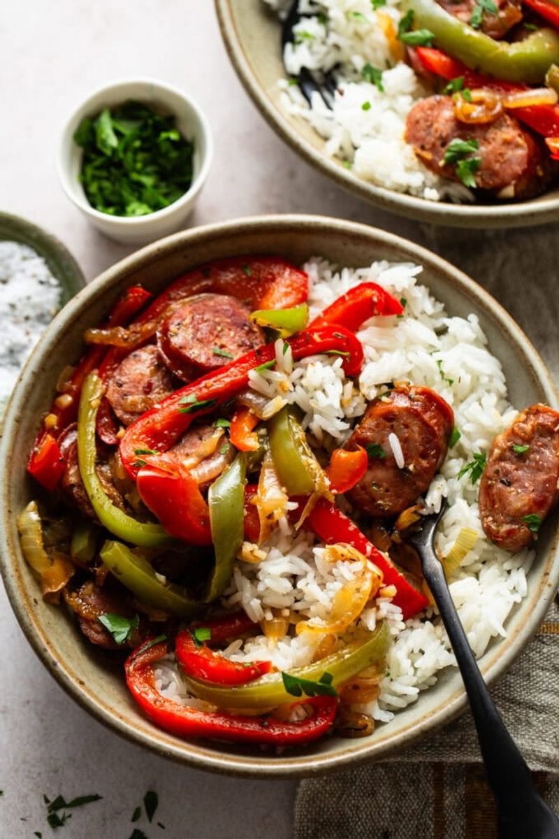 Sausage, Peppers, and Onions Over Rice