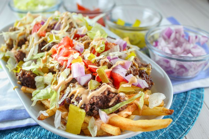 Air Fryer Frozen Fries With Cheeseburger Toppings