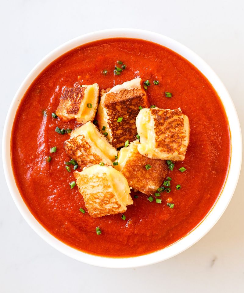 Tomato Basil Soup with Grilled Cheese Croutons