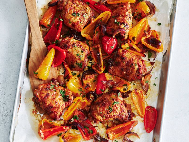 Chicken Thighs with Roasted Peppers and Onions