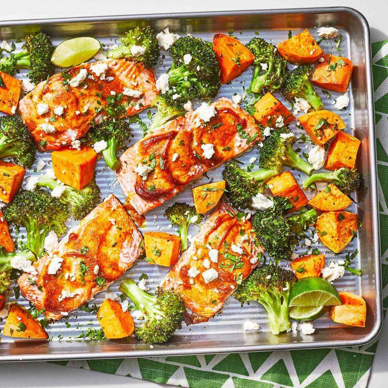 Salmon With Roasted Sweet Potatoes And Broccoli