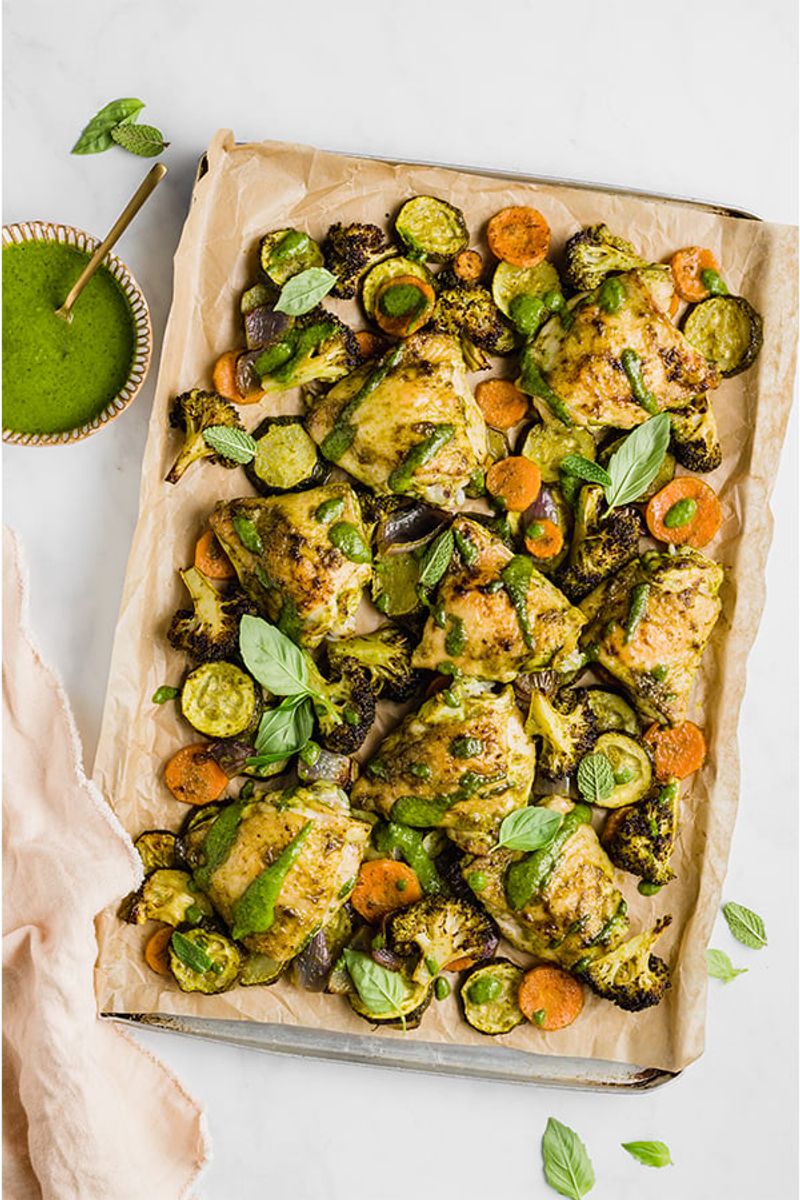 Sheet Pan Pesto Tomato Chicken