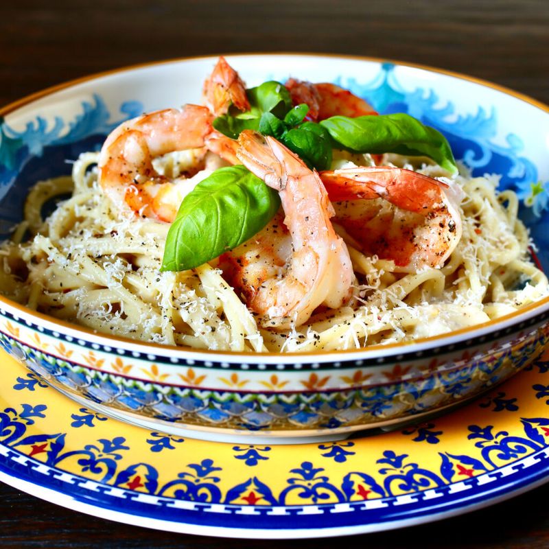 Seafood pasta loaded with parmesan