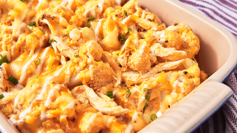 Buffalo Cauliflower and Chicken Bake