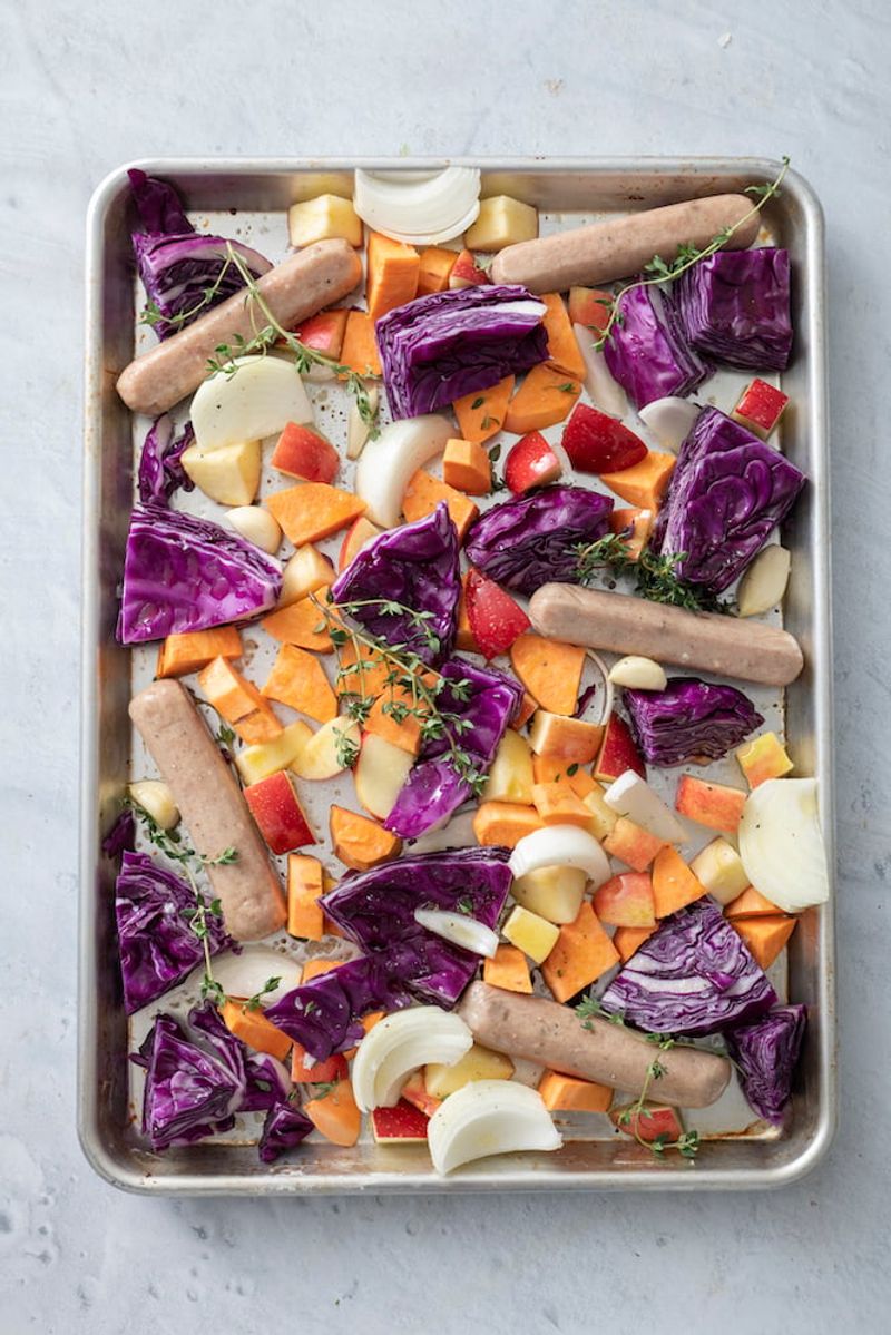 Sheet Pan Sausage, Cabbage, And Apples