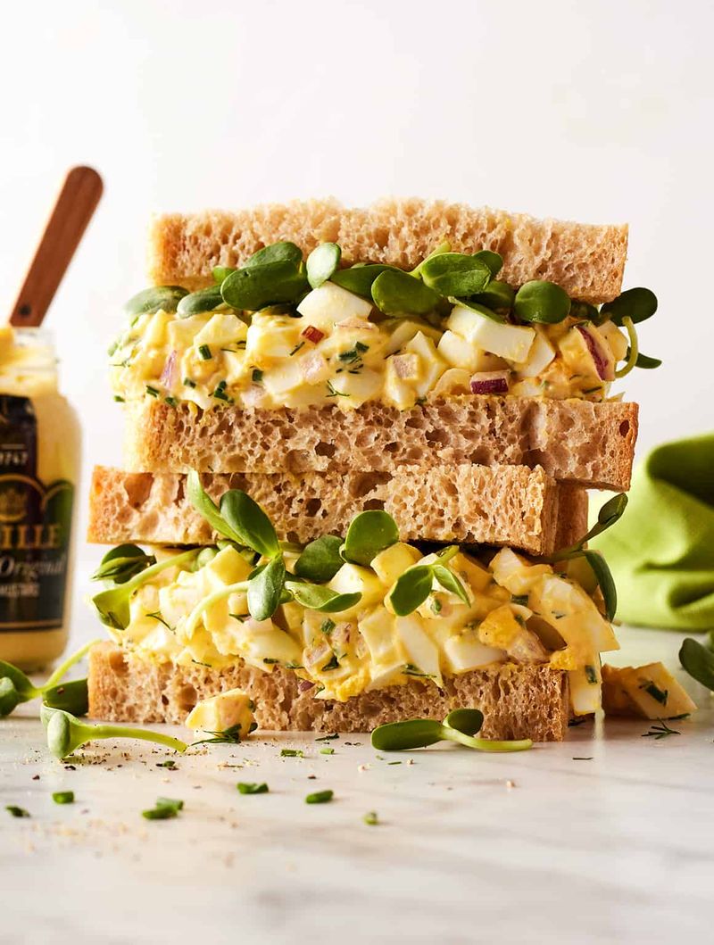 Egg Salad with Mustard, Paprika, Pickles, and Bread