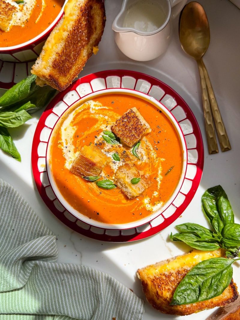 Creamy Tomato Basil Soup with Grilled Cheese