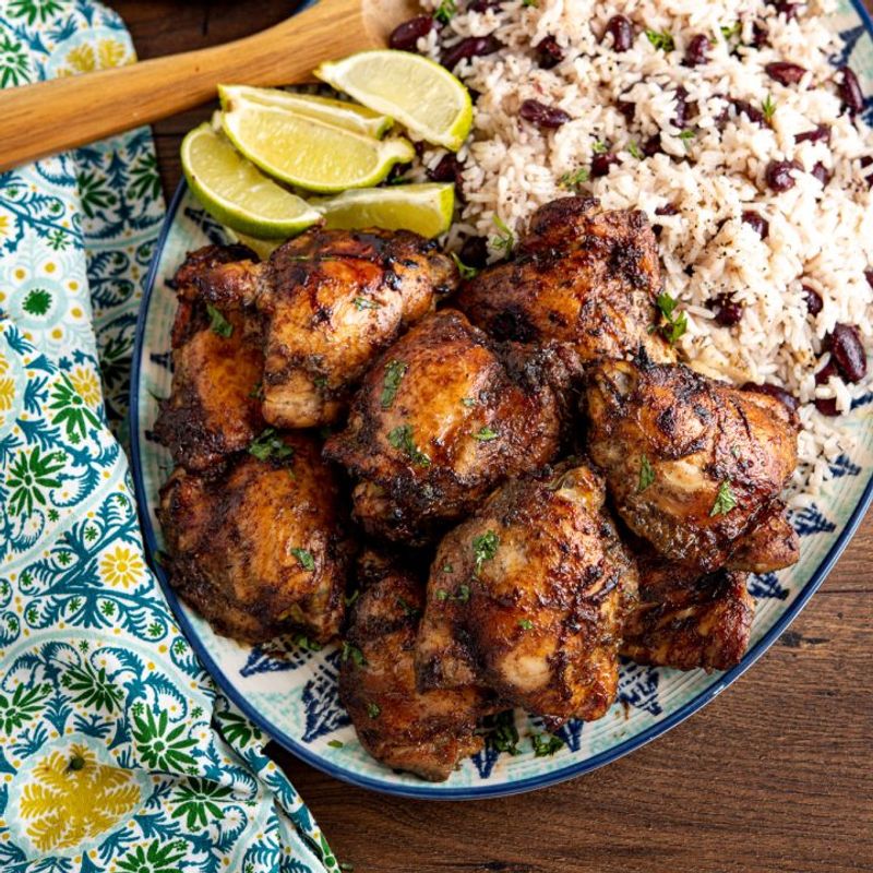 Jerk chicken with rice and peas