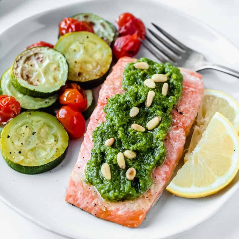 Pesto Baked Salmon with Roasted Tomatoes