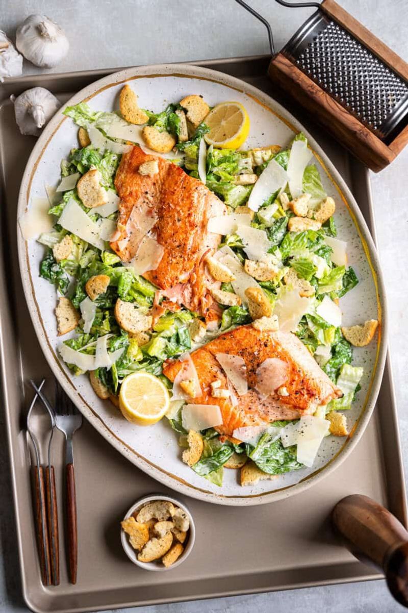Salmon Caesar salad (with a lighter dressing)