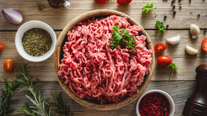 Ground meat in large blocks