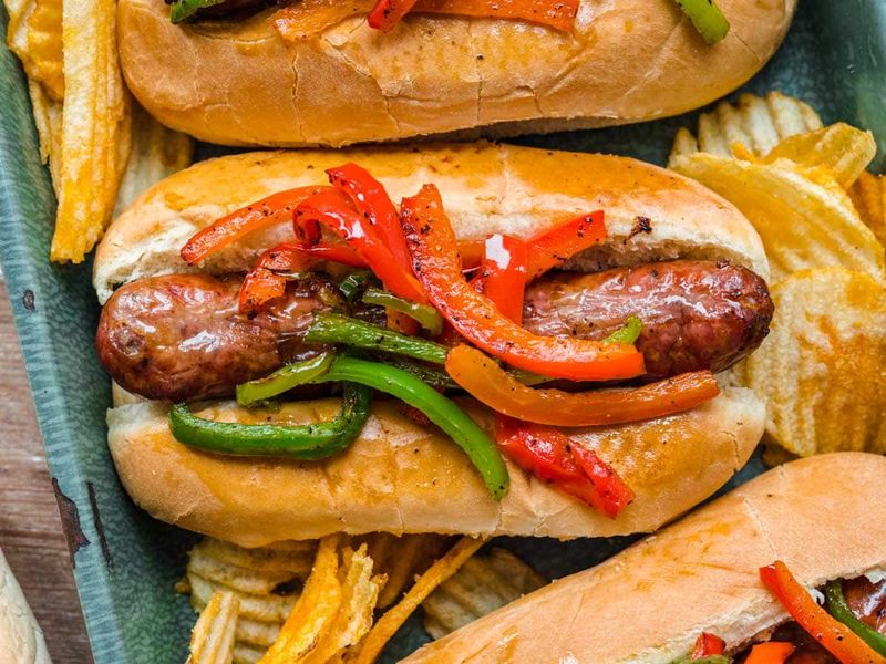 Beer Brat Subs With Peppers And Onions