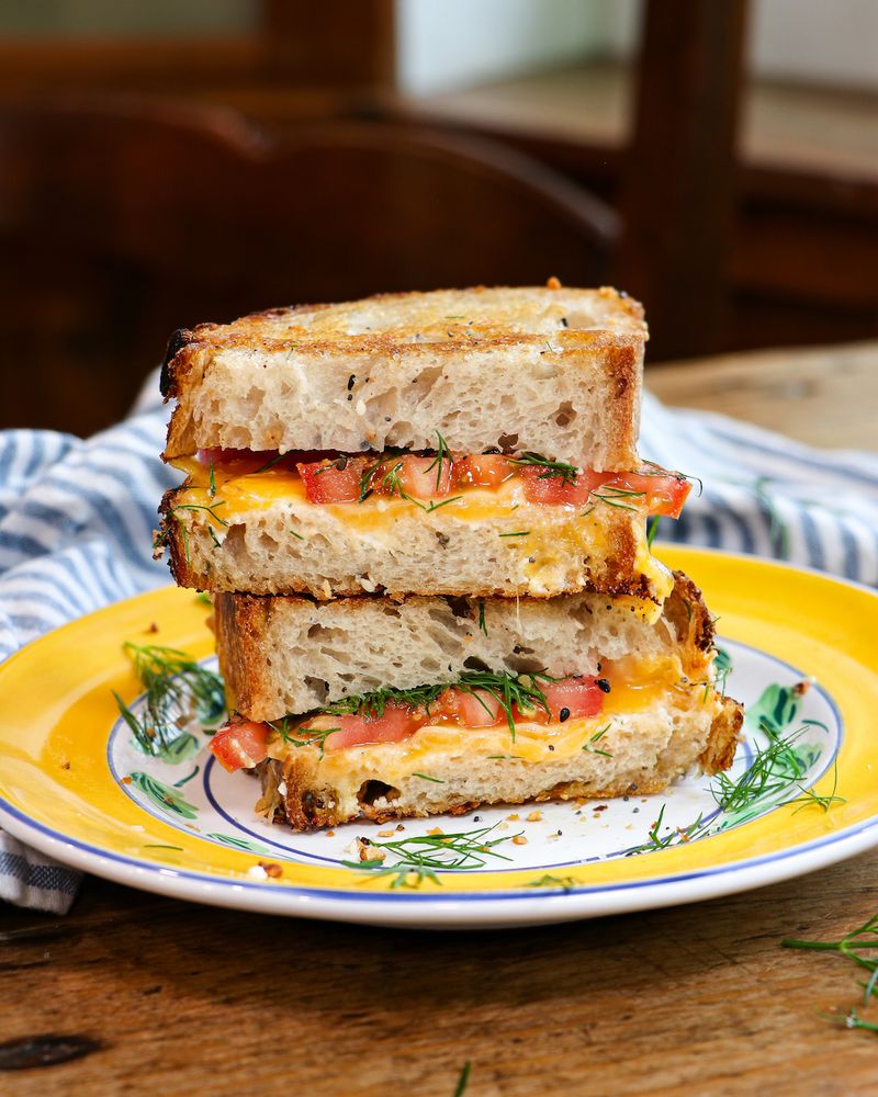 Grilled Cheese with Butter, Cheddar, Tomato Slices, and Bread