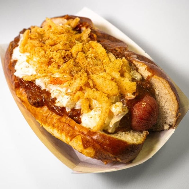 Chili Cheese on a Pretzel Bun