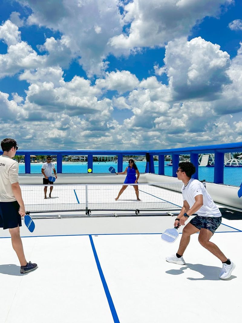 Play on the world’s first floating pickleball court at Mirada Lagoon