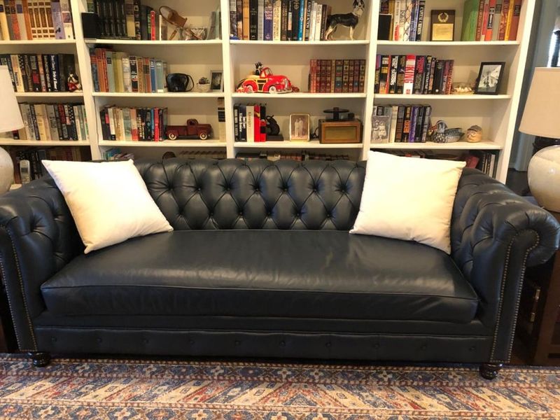 10 Old-Fashioned Couch Colors That Are Aging Your Living Room, And 10 To Pick Instead - Decor Hint Navy Blue with Brass Nailheads: The Corporate Castoff