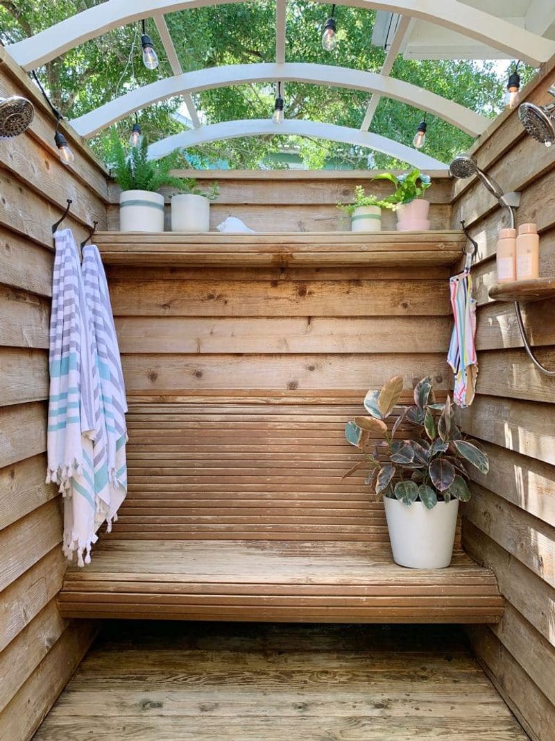 25 Outdoor Shower Ideas That Give Off BIG Beach House Energy - Decor Hint Outdoor Shower with Bench Seating