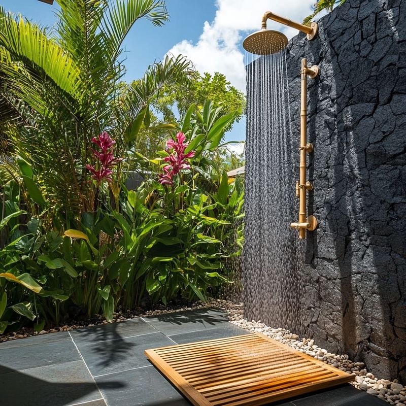 25 Outdoor Shower Ideas That Give Off BIG Beach House Energy - Decor Hint Palm-Framed Open Shower