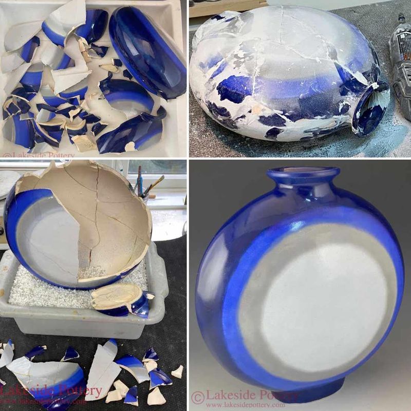 Cracked Ceramic Vases Languishing on Shelves