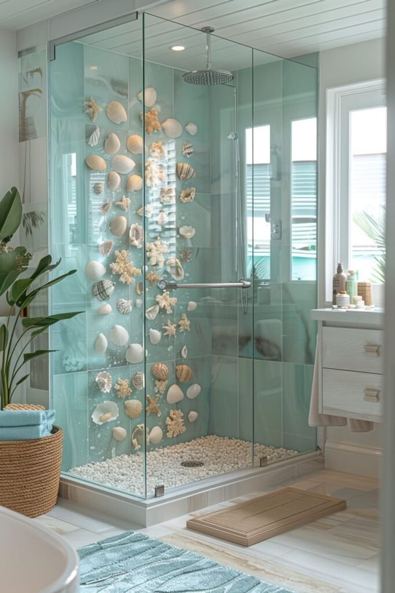 25 Outdoor Shower Ideas That Give Off BIG Beach House Energy - Decor Hint Shell Mosaic Floor