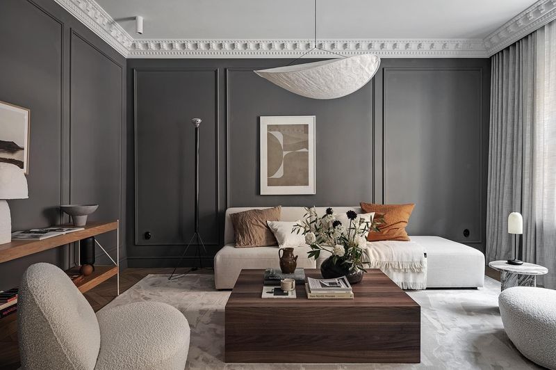 Crisp White Molding on Charcoal Walls