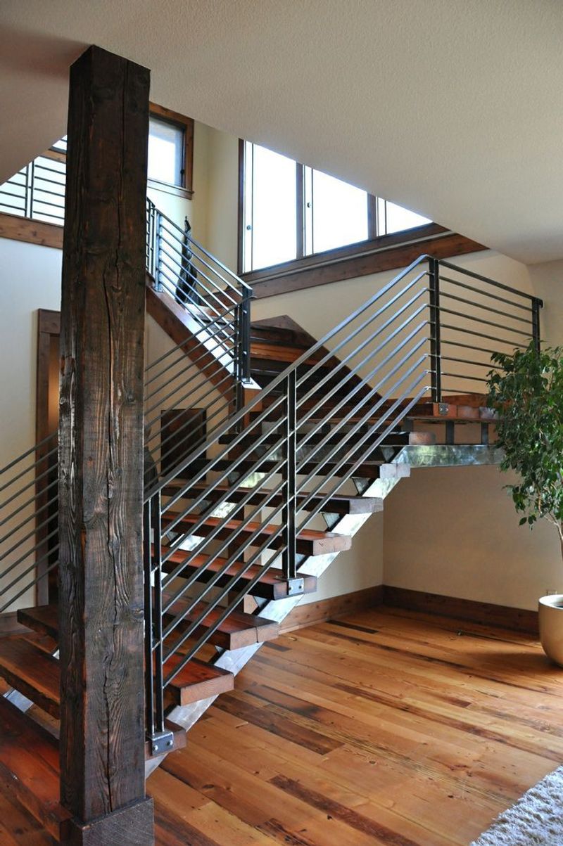22 Fancy Barndominium Homes That Beautifully Mix Rustic With Modern - Decor Hint Mixed Metal & Wood Stair Handrails