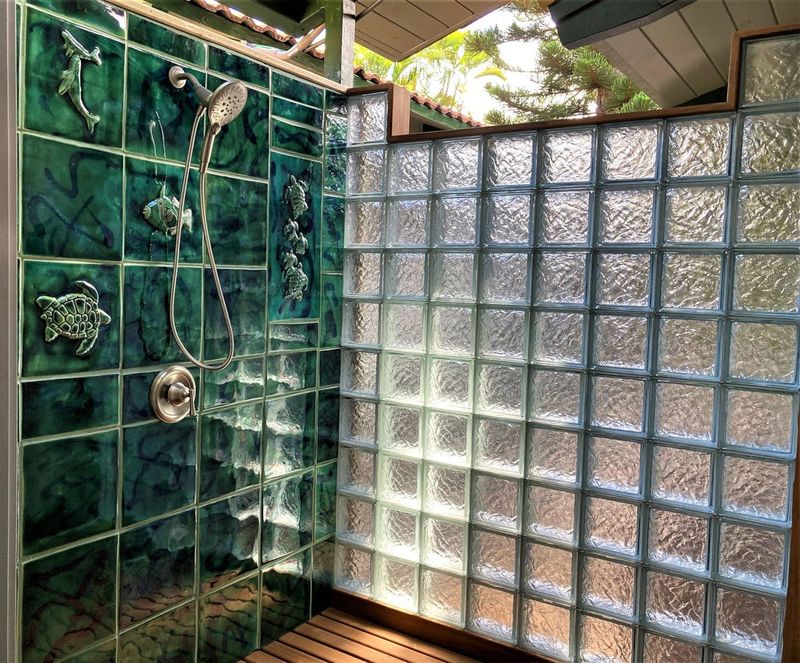 25 Outdoor Shower Ideas That Give Off BIG Beach House Energy - Decor Hint Sea Glass Accent Wall