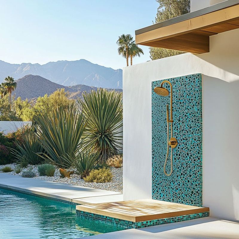 25 Outdoor Shower Ideas That Give Off BIG Beach House Energy - Decor Hint Tiled Coastal Blue Walls
