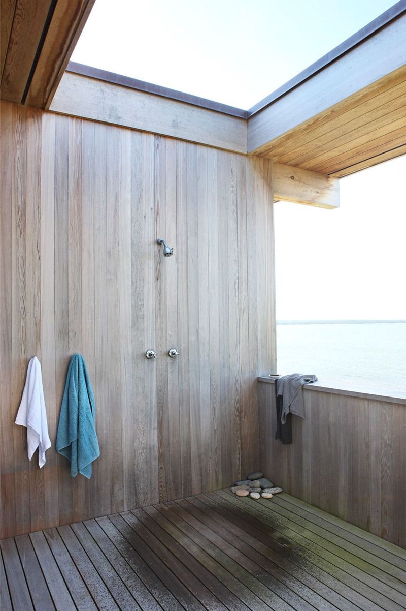 25 Outdoor Shower Ideas That Give Off BIG Beach House Energy - Decor Hint Open Sky Shower Deck