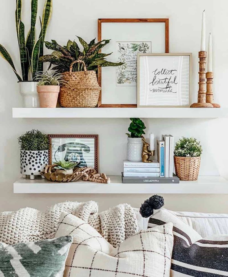 Small Living Room Don'ts 13 Design Fails And The 'Fixes' That Make It Worse - Decor Hint Floating Shelves Stuffed with Decor (Design Fail)