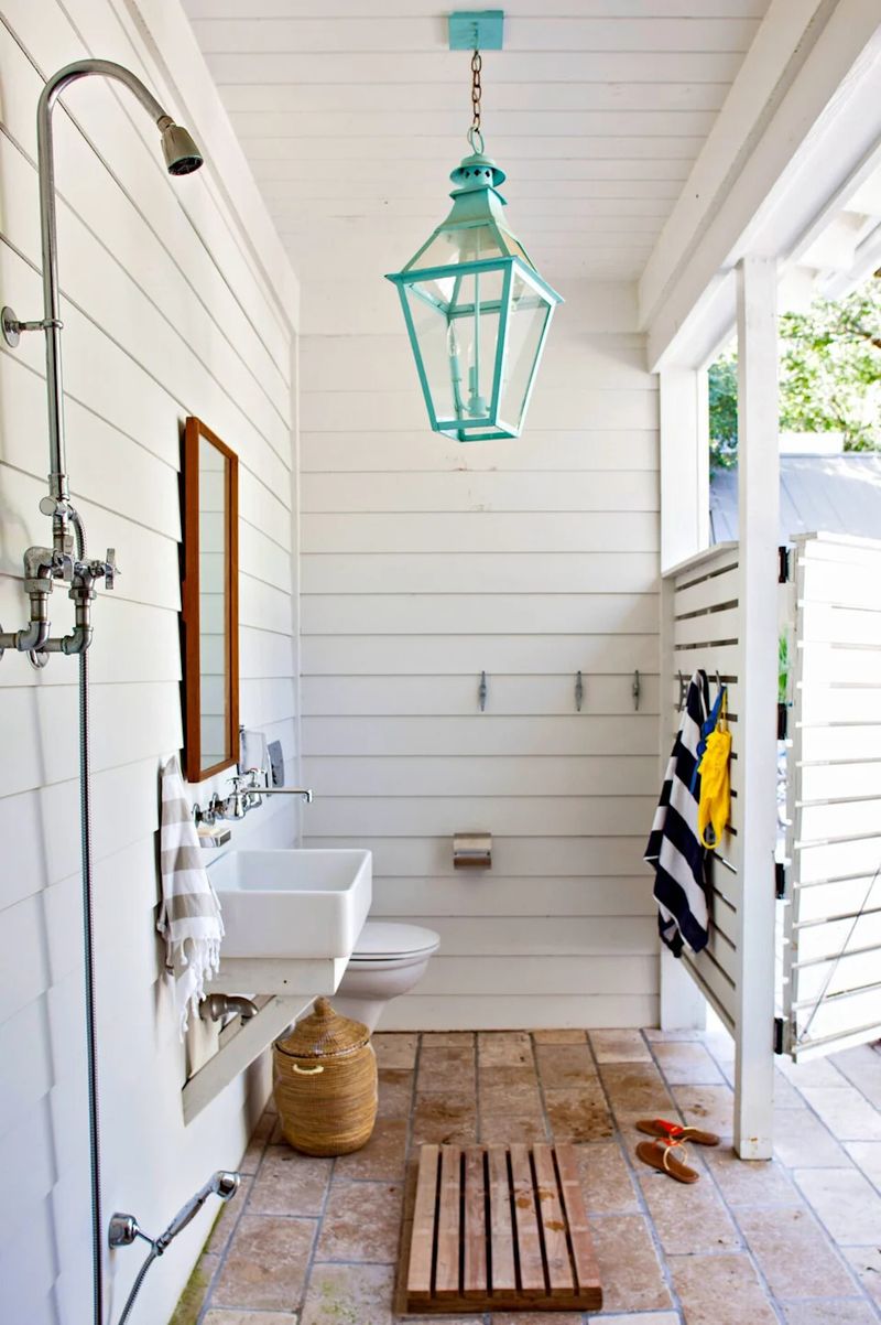 25 Outdoor Shower Ideas That Give Off BIG Beach House Energy - Decor Hint Shiplap Surround with Hooks