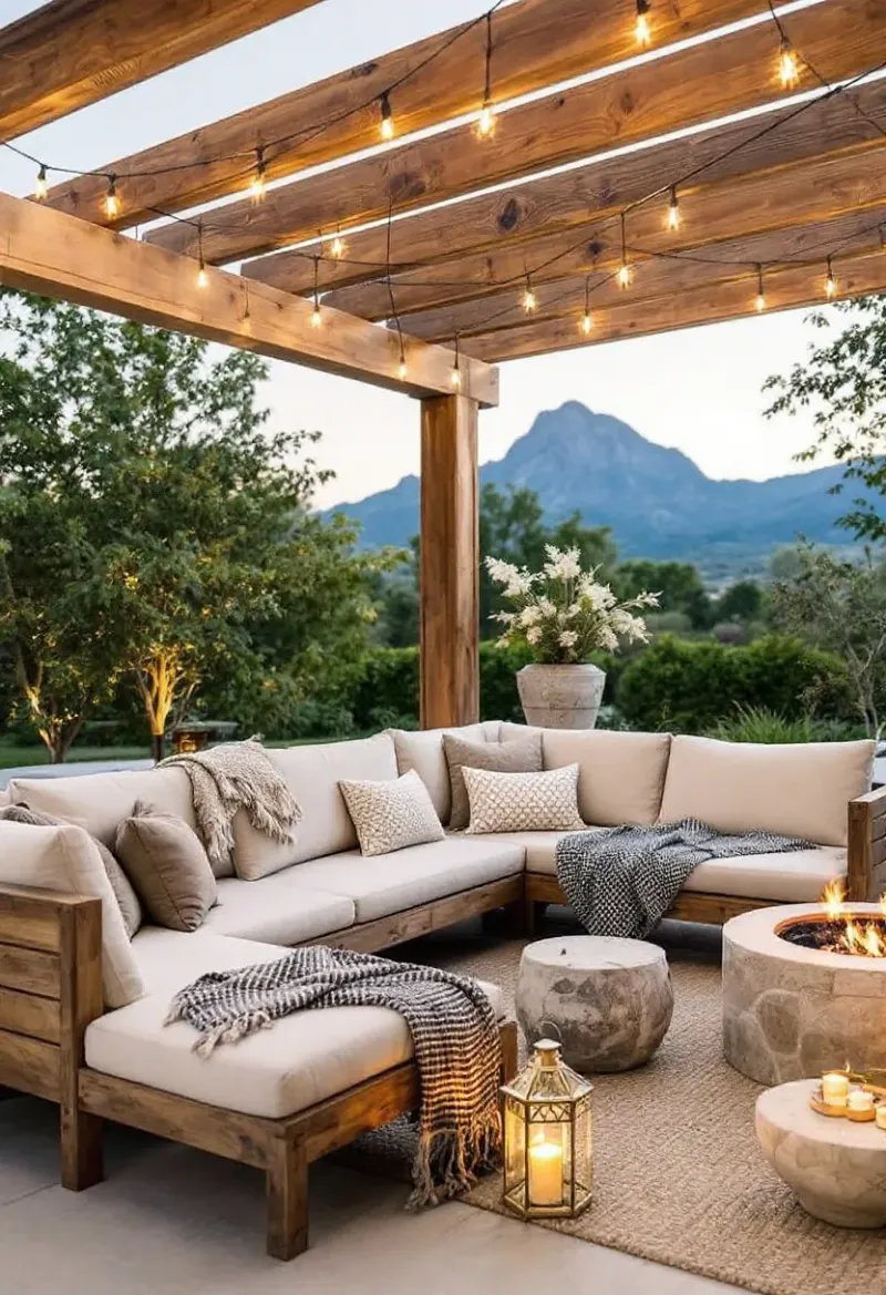 22 Fancy Barndominium Homes That Beautifully Mix Rustic With Modern - Decor Hint Concrete Patio with Timber Beam Pergola