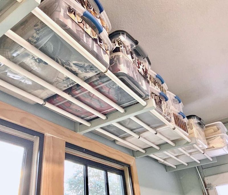 Small Yet Clever 10 Farmhouse Homes Show Off Brilliant Overhead Storage Ideas - Decor Hint Ceiling-Mounted Racks for Seasonal Decor