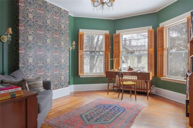 Inside A 1899 Queen Anne Victorian In Poughkeepsie With Stained Glass And Intricate Woodwork - Decor Hint Green Room With Period-Appropriate Wallpaper