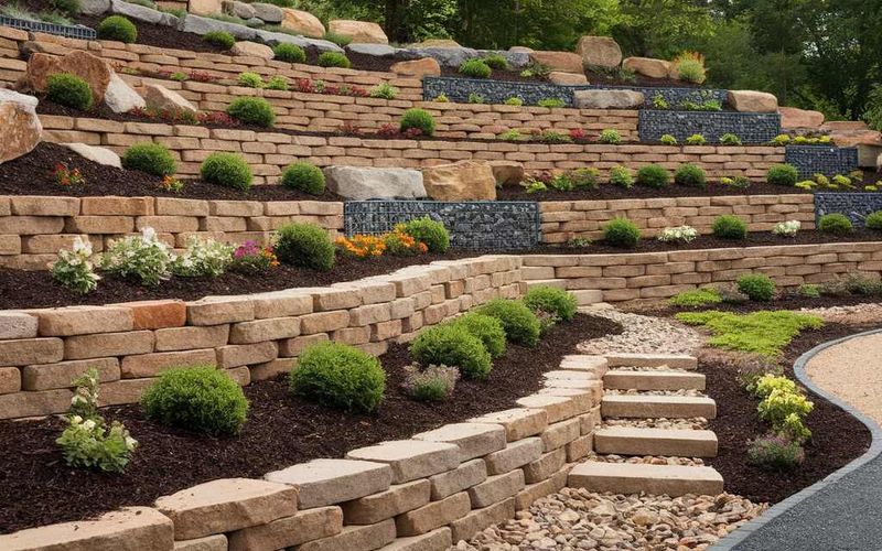 21 Sustainable Front Yard Landscaping Ideas With Rocks And Mulch - Decor Hint Terraced Rock Walls