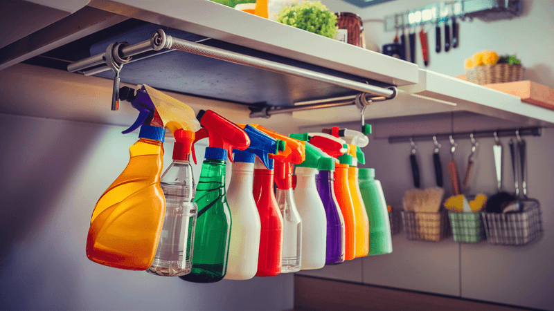 33 Organizing Hacks To Transform Your Home - Decor Hint Tension Rod Spray Bottle Organizer