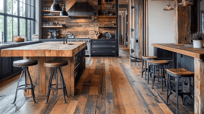 22 Fancy Barndominium Homes That Beautifully Mix Rustic With Modern - Decor Hint Industrial Kitchen with Reclaimed Wood Island