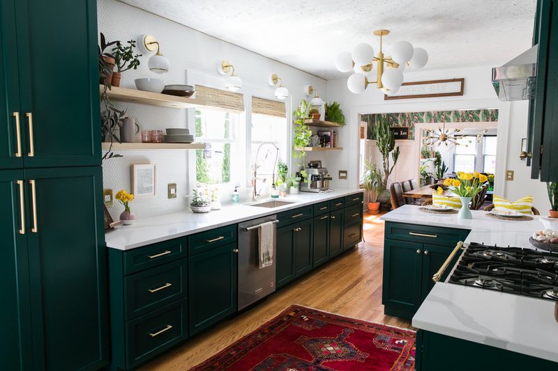 10 Green Farmhouse Kitchens That Will Make You Want To Redecorate - Decor Hint Emerald Green Cabinets with Brass Accents
