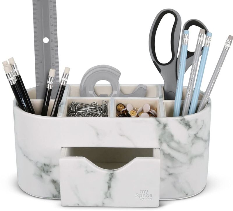 18 Desk Setup Tips For Better Work-Life Balance - Decor Hint Add a Decorative Tray for Organizing Supplies