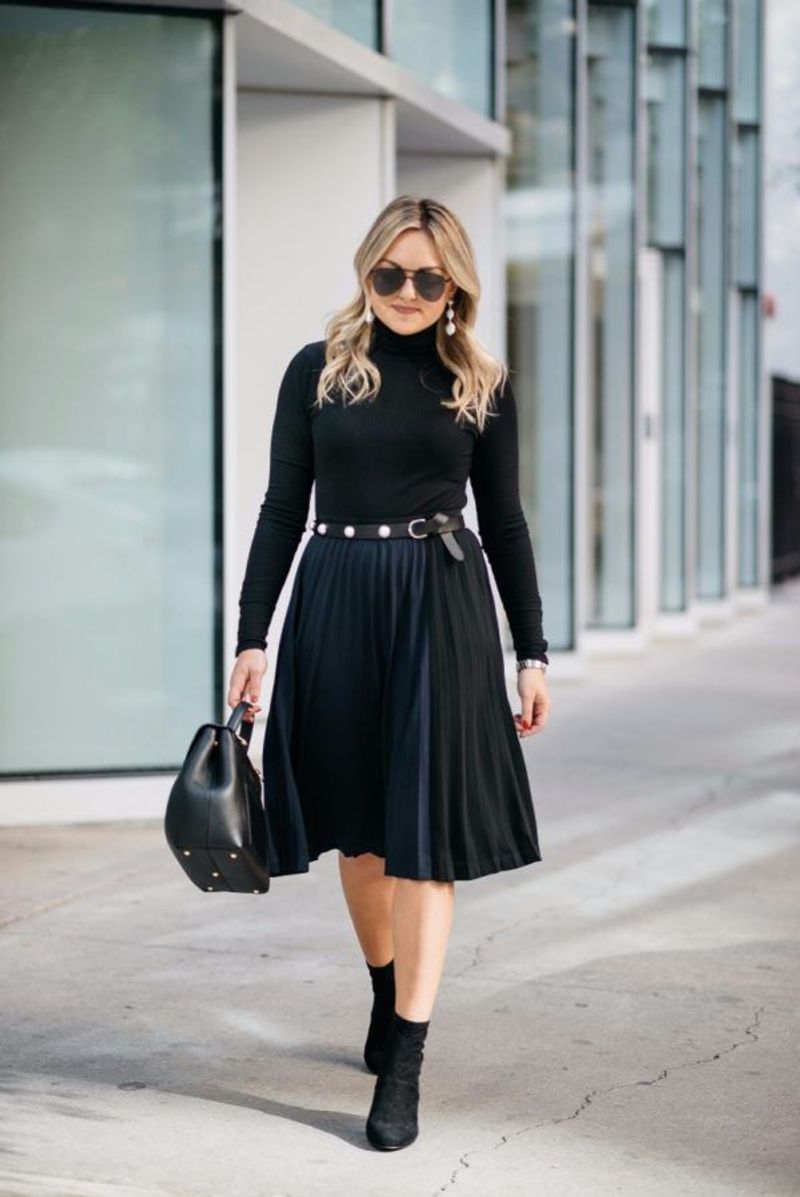 Turtleneck Sweater + A-Line Skirt + Block Heels
