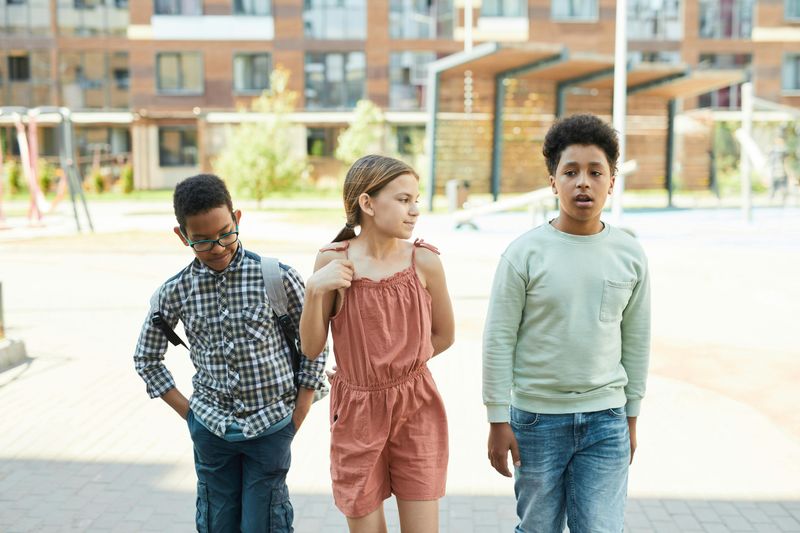 Walking children to school together in groups