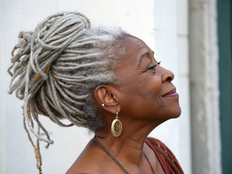 Grey Locs Pulled into a Bun