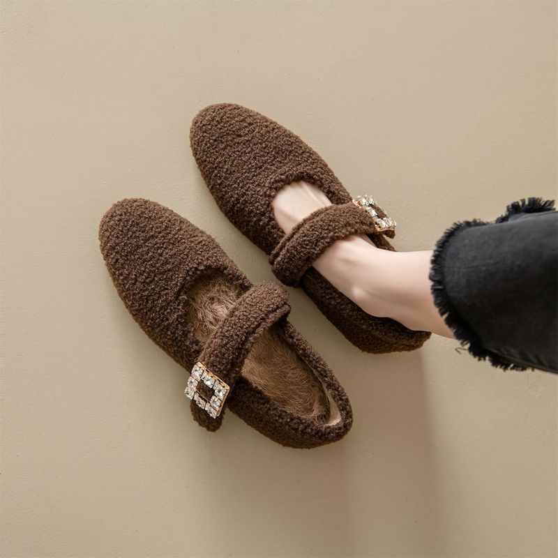 Kluolandi Women's Shearling Ballet Flats with Strap