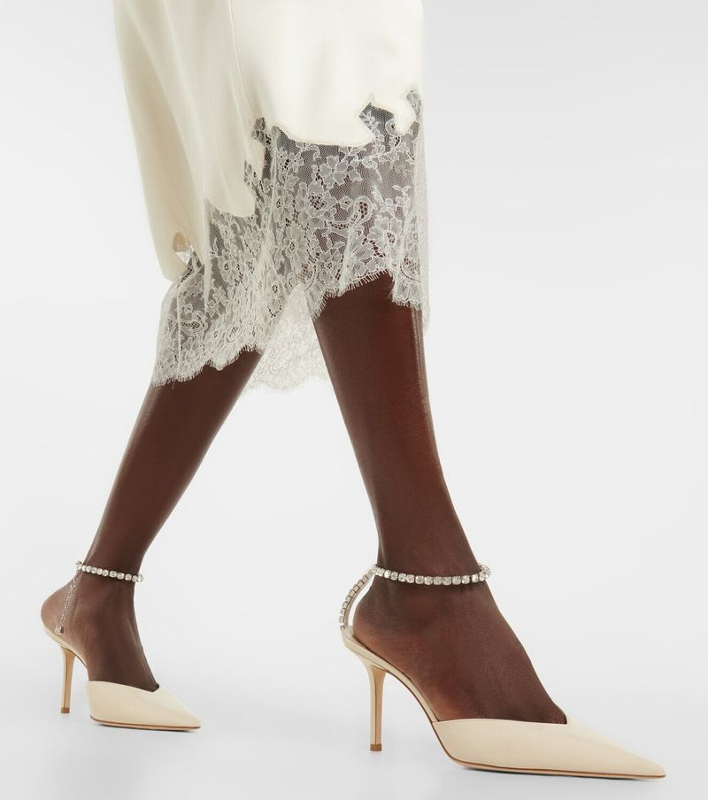Jimmy Choo Saeda 85 Linen Patent Leather Pumps with Crystal Embellishment