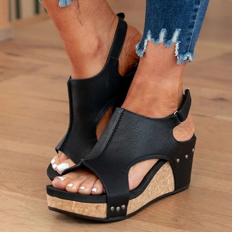 Faux Patent Leather Peep-Toe Wedges
