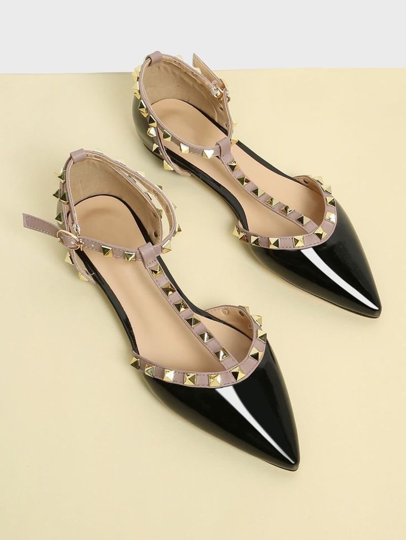 T-Strap Flats with Studs or Embellishments