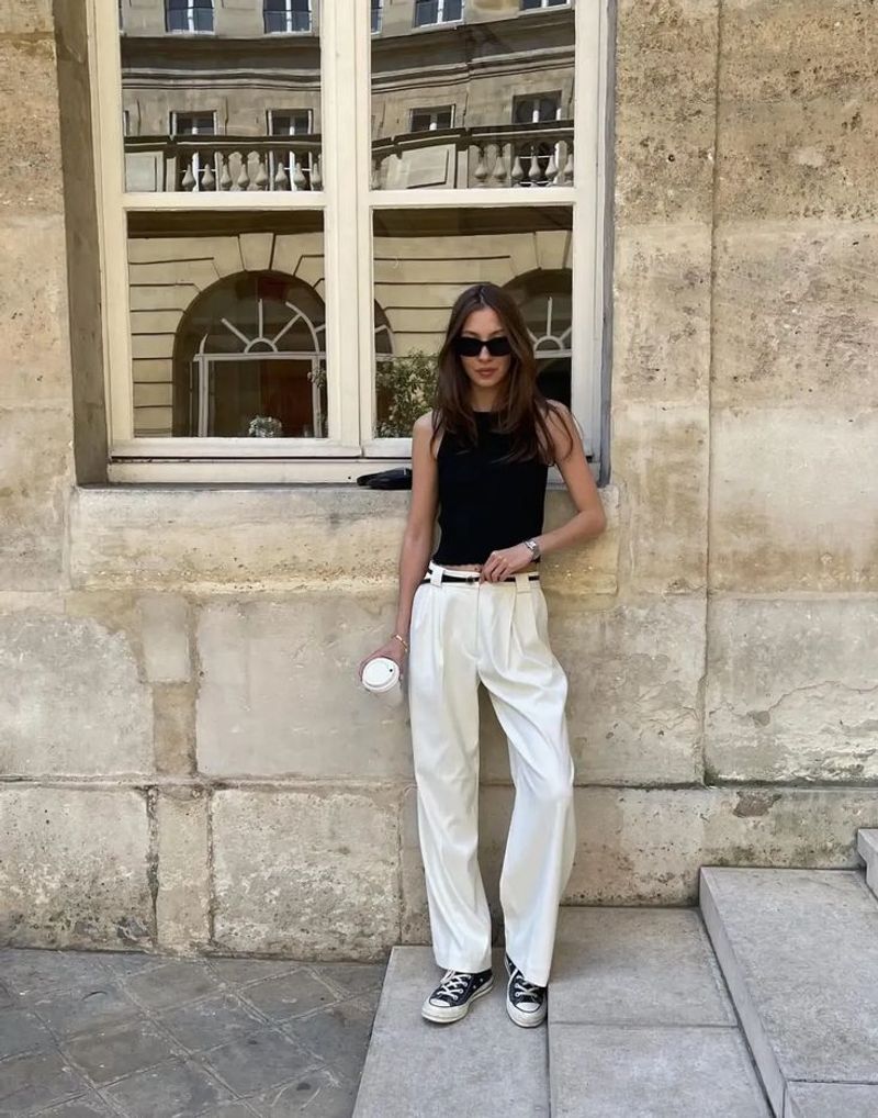 Linen Trousers + Ribbed Tank + Low-Top Sneakers