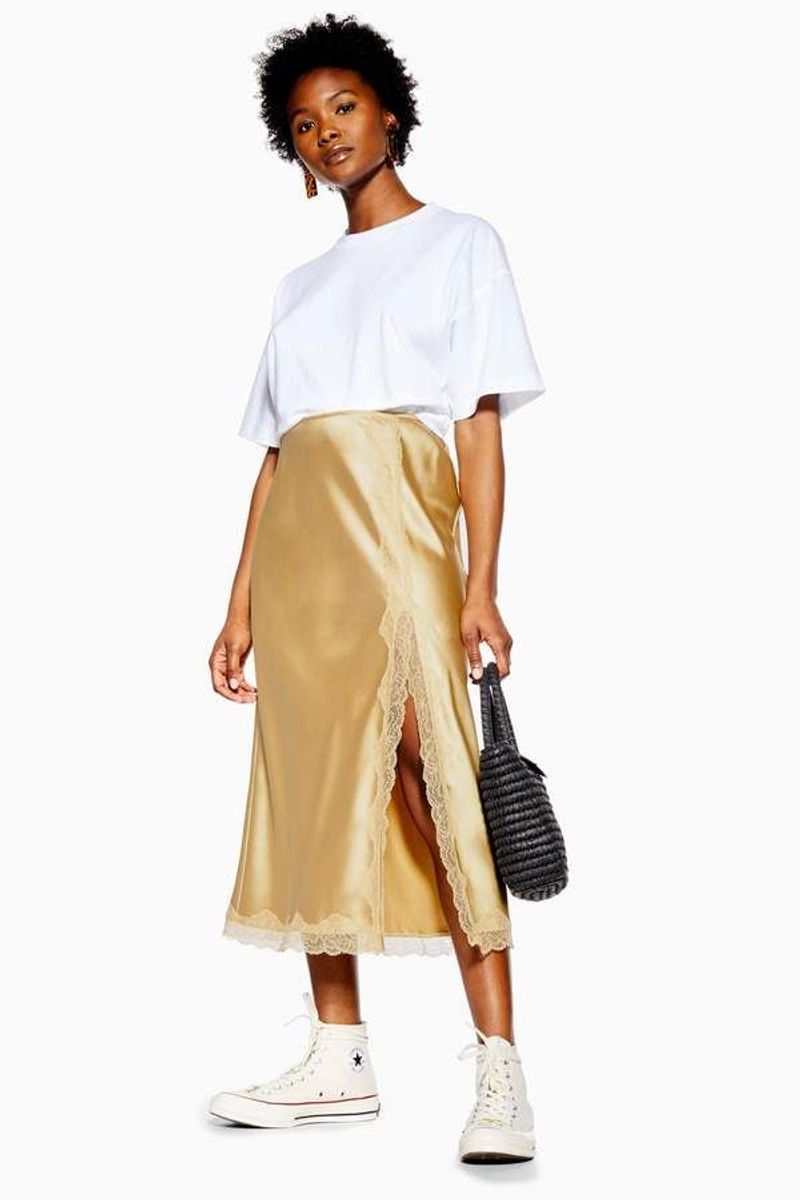 Topshop Satin Lace Trim Midi Skirt