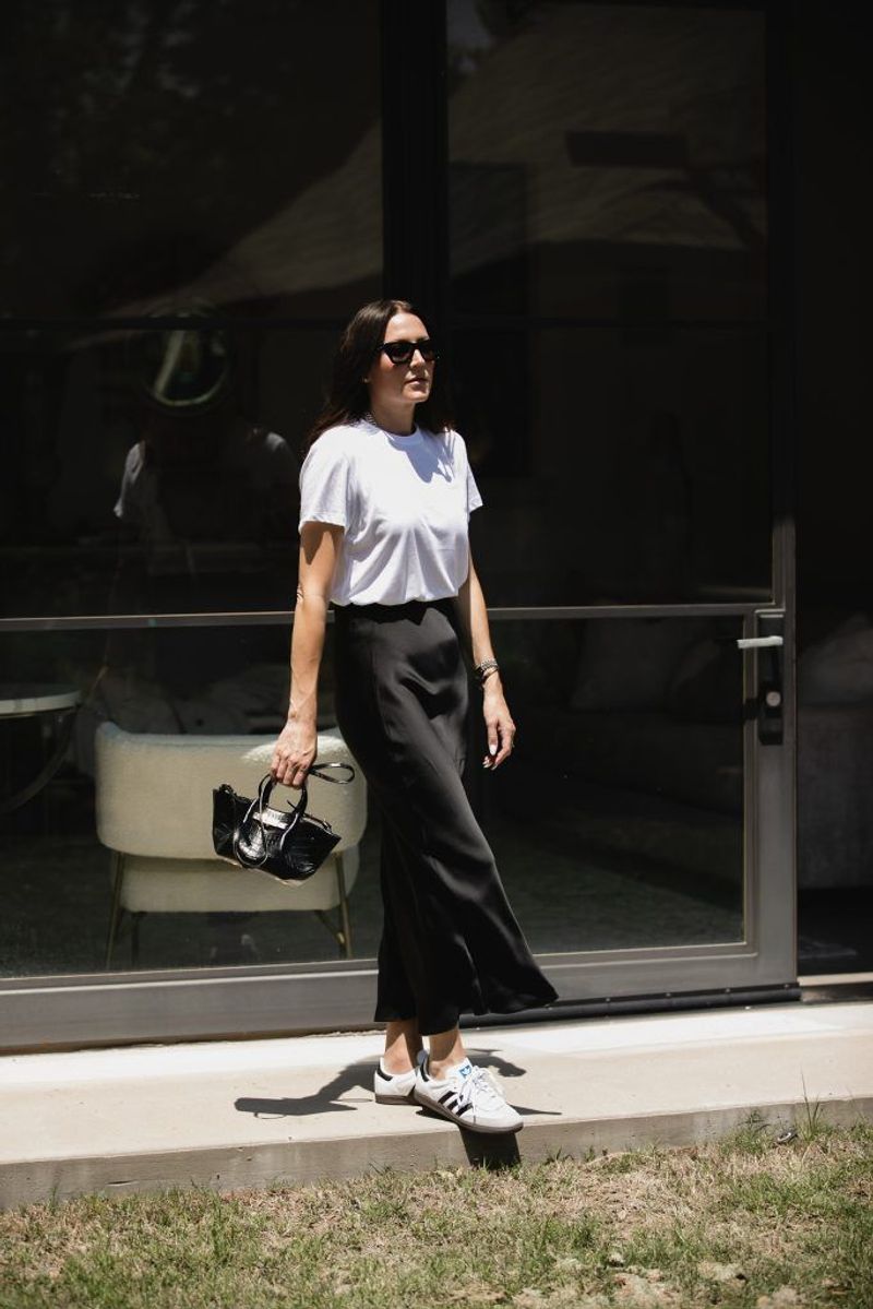 Silky Slip Skirt + Graphic Tee + Classic White Sneakers