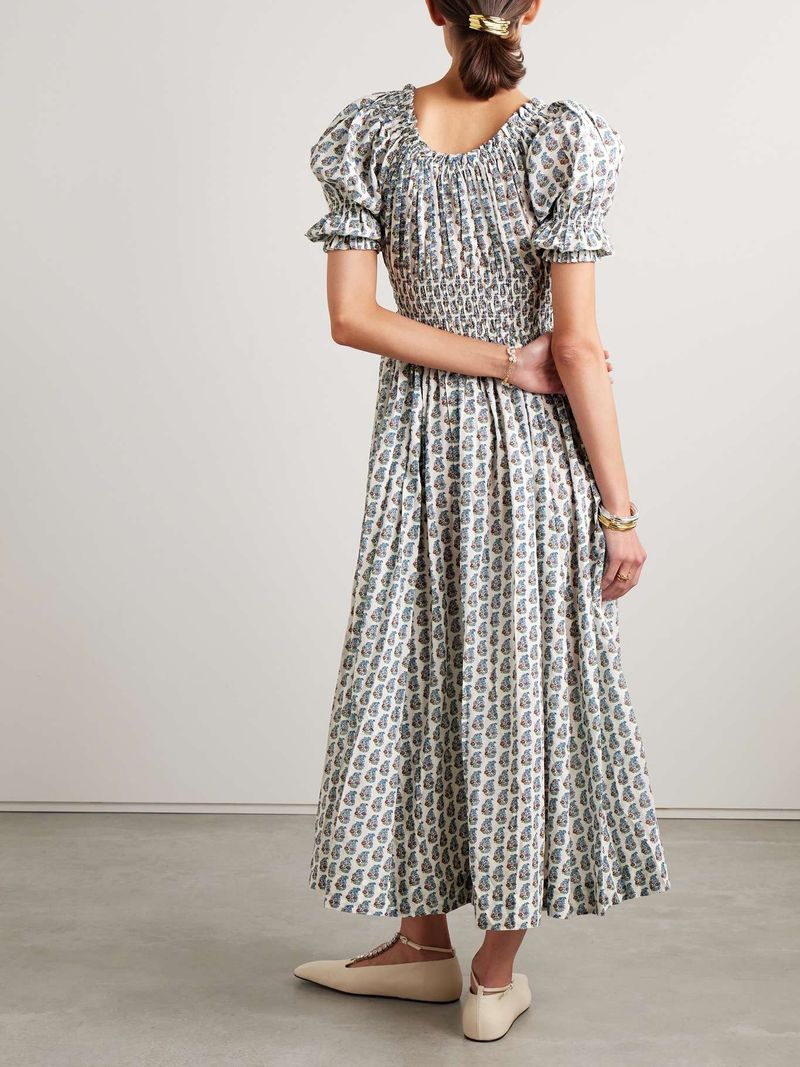 Dôen Quinley Shirred Floral-Print Organic Cotton Midi Dress